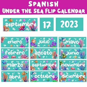 Spanish Classroom Calendar, Under the Sea Classroom Theme, Classroom Flip Calendar, Printable Calendar for Kids, Ocean Classroom Decor