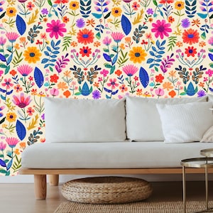 Bright floral wallpaper, Peel and stick wallpaper floral bright, Bold floral peel and stick wallpaper, Colorful boho wallpaper, Fun wall