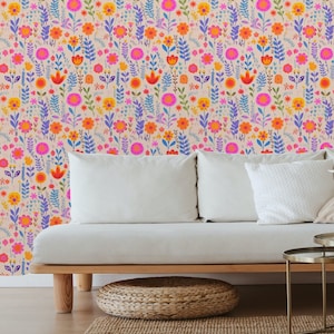 Bright floral wallpaper, Peel and stick wallpaper floral bright, Bold floral peel and stick wallpaper, Colorful boho wallpaper, Fun wall