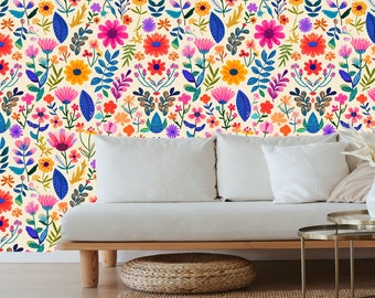 Bright floral wallpaper, Peel and stick wallpaper floral bright, Bold floral peel and stick wallpaper, Colorful boho wallpaper, Fun wall