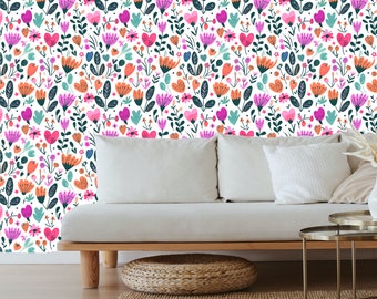 Botanical wallpaper, whimsical wallpaper, bright floral wallpaper, vibrant floral wall, hand drawn wallpaper, peel and stick wallpaper