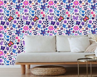 Whimsical wallpaper, retro wallpaper, floral peel and stick wallpaper, girls room wallpaper, purple wallpaper, colorful floral wallpaper