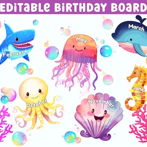 Under the sea classroom decor, Ocean classroom theme, Birthday bulletin board printable, Editable birthday chart, Classroom birthday display
