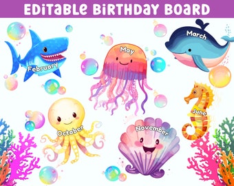 Under the sea classroom decor, Ocean classroom theme, Birthday bulletin board printable, Editable birthday chart, Classroom birthday display