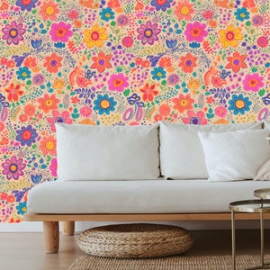 Bright floral wallpaper, Peel and stick wallpaper floral bright, Bold floral peel and stick wallpaper, Colorful boho wallpaper, Fun wall