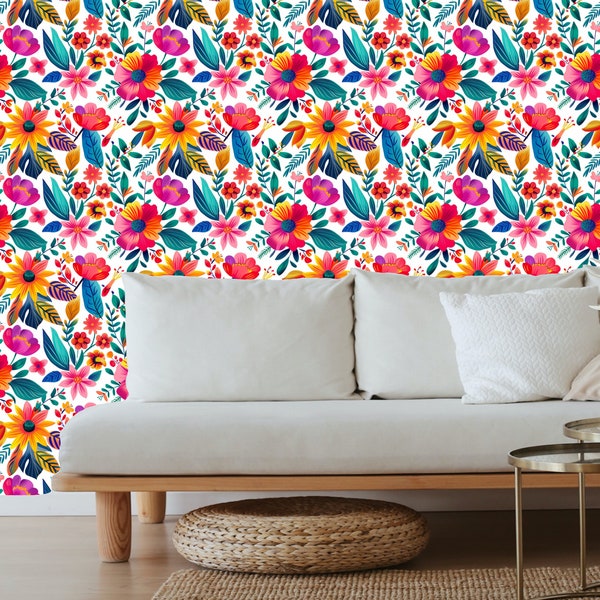 Tropical wallpaper peel and stick, tropical wall mural, tropical floral wallpaper, renter friendly wallpaper, bright floral wallpaper