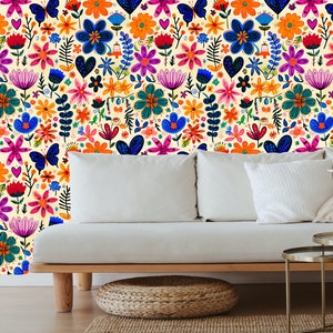 Bright floral wallpaper, Peel and stick wallpaper floral bright, Peel and stick wallpaper, Colorful boho wallpaper, Doodle wallpaper