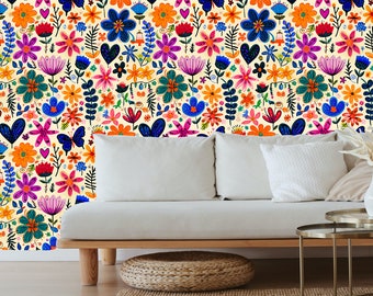 Bright floral wallpaper, Peel and stick wallpaper floral bright, Peel and stick wallpaper, Colorful boho wallpaper, Doodle wallpaper