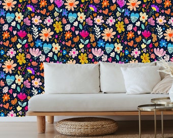 Bright floral wallpaper, Peel and stick wallpaper floral bright, Bold floral peel and stick wallpaper, Colorful wallpaper, Doodle wallpaper
