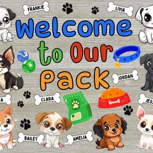 Dog classroom decor, dog classroom theme, welcome to our pack bulletin board, back to school bulletin board, classroom door decor, door sign