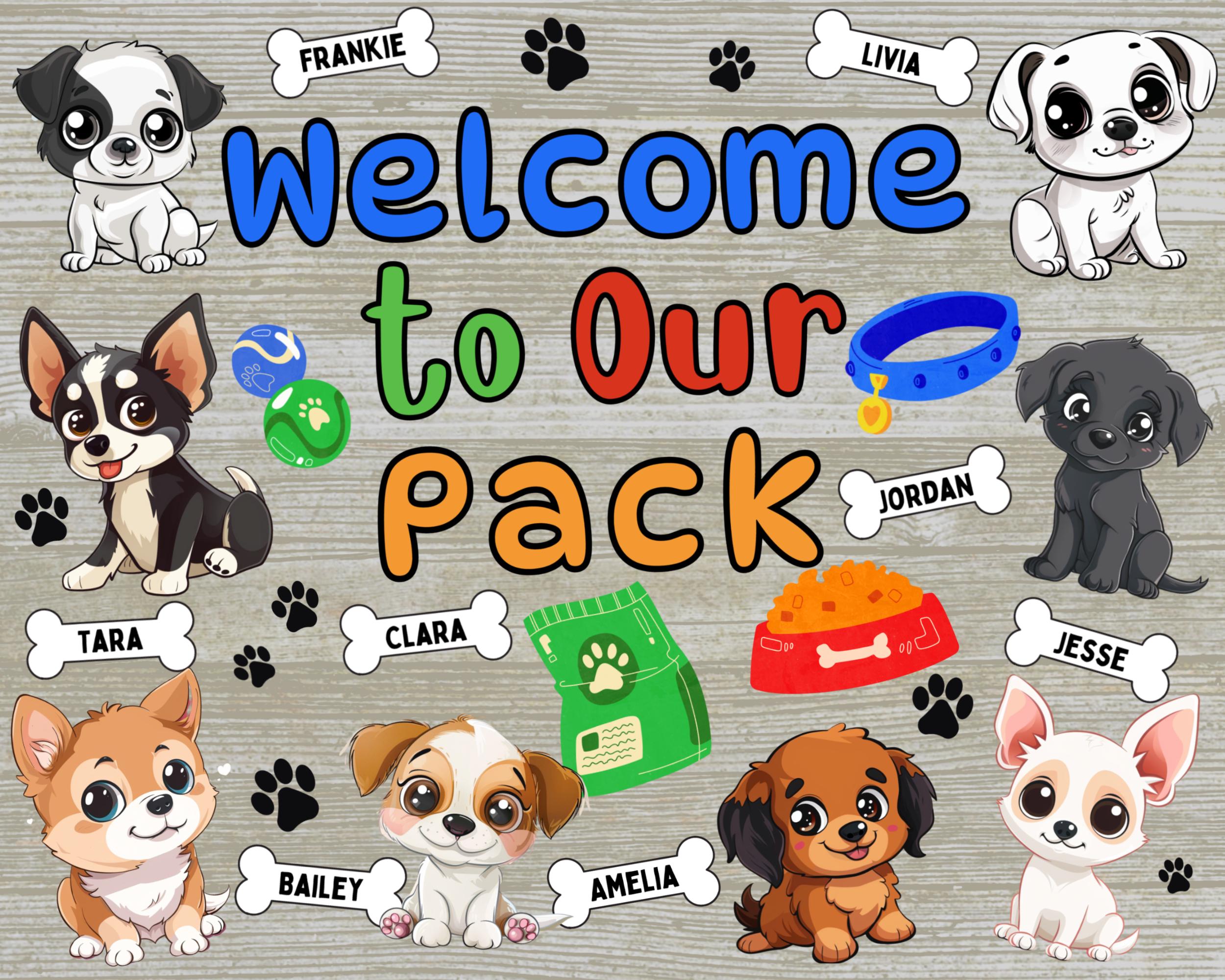 Dog classroom decor, dog classroom theme, welcome to our pack bulletin board, back to school bulletin board, classroom door decor, door sign