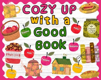 May include: A colorful illustration with the text "Cozy Up with a Good Book" surrounded by various objects, including a jar of apple jam, a teapot, a house, a stack of books, and apples with names written on them.