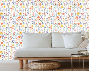 Bright floral wallpaper, Peel and stick wallpaper floral bright, Bold floral peel and stick wallpaper, Colorful boho wallpaper, Fun wall