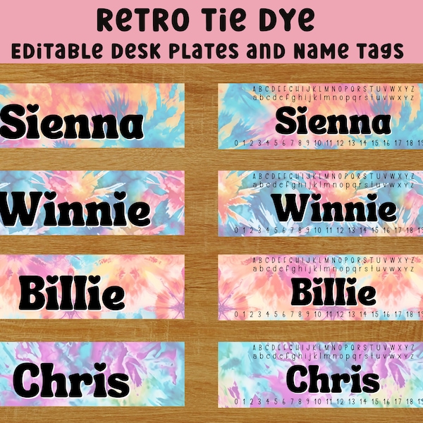 Editable name tags for school, Groovy classroom decor, Tie dye classroom, Canva name tag, Desk name tags students, Cubby name labels