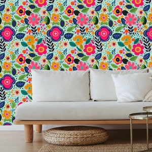 Colorful floral wallpaper, Bright floral wallpaper, Bright floral wallpaper, Colorful boho wallpaper, Floral peel and stick wallpaper