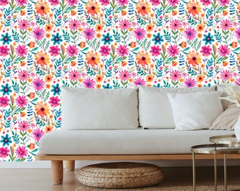 Botanical wallpaper, whimsical wallpaper, bright floral wallpaper, vibrant floral wall, hand drawn wallpaper, peel and stick wallpaper