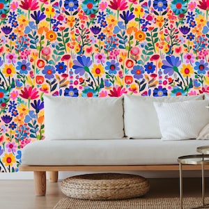 Wildflowers wallpaper, bright peel and stick wallpaper, bold floral wallpaper, maximalist wallpaper, colorful flowers wallpaper