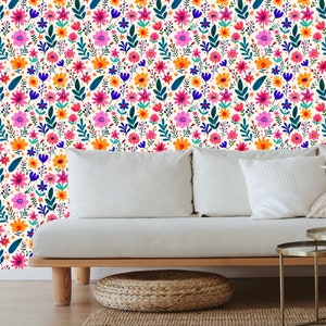Bright floral wallpaper, Peel and stick wallpaper floral bright, Bold floral peel and stick wallpaper, Colorful boho wallpaper, Fun wall