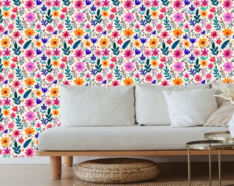 Bright floral wallpaper, Peel and stick wallpaper floral bright, Bold floral peel and stick wallpaper, Colorful boho wallpaper, Fun wall