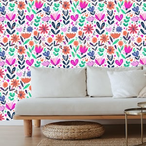 Bright floral wallpaper, Peel and stick wallpaper floral bright, Bold floral peel and stick wallpaper, Colorful boho wallpaper, Fun wall