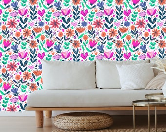 Bright floral wallpaper, Peel and stick wallpaper floral bright, Bold floral peel and stick wallpaper, Colorful boho wallpaper, Fun wall