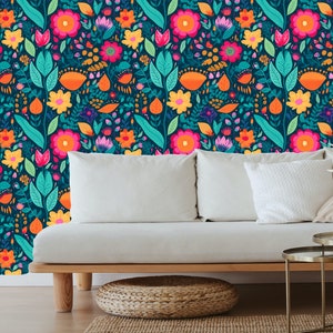 Dark green wallpaper peel and stick, Tropical flowers funky wallpaper, Colorful flowers wallpaper, Bright floral wallpaper, Accent wallpaper