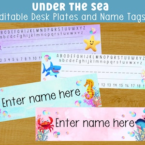 Under the sea classroom decor, Ocean theme class, Canva name tag, Desk name tags students,  Cubby name labels, Editable name tags for school