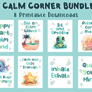 Calming corner posters, Ocean classroom decor, Calm down corner posters, Self regulation zone, Kids calm down kit, Calm art, Set of 8 prints