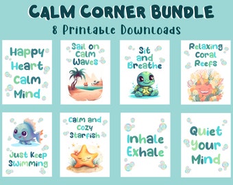 Calming corner posters, Ocean classroom decor, Calm down corner posters, Self regulation zone, Kids calm down kit, Calm art, Set of 8 prints