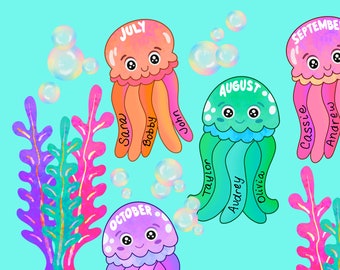 Jellyfish birthday display, Printable classroom birthday chart, Under the sea classroom decor, Editable birthday chart, Ocean class decor