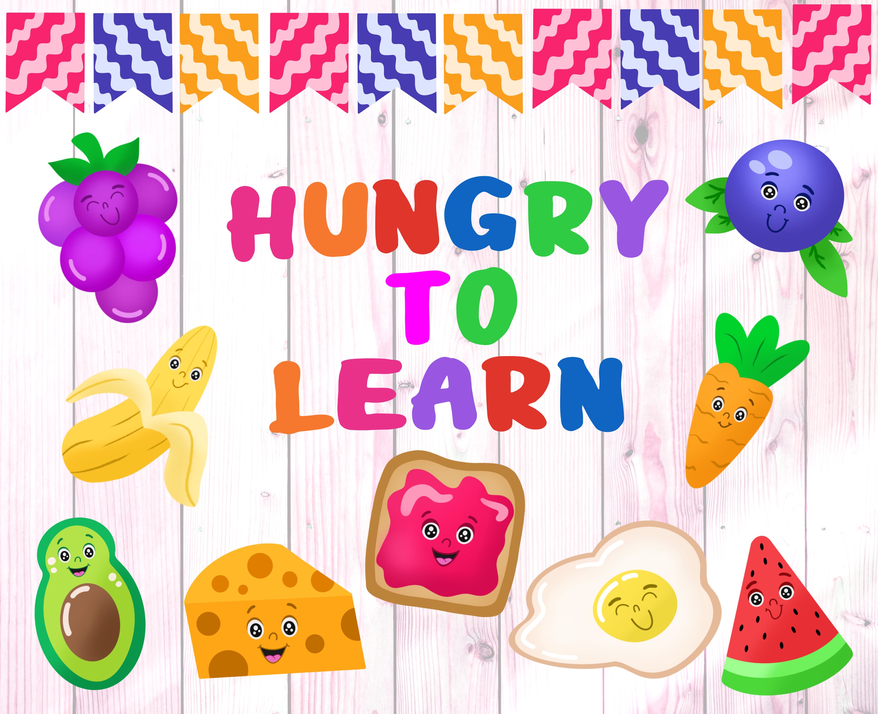 Hungry to Learn Sign, Food Classroom Wall Decor, Colorful Food