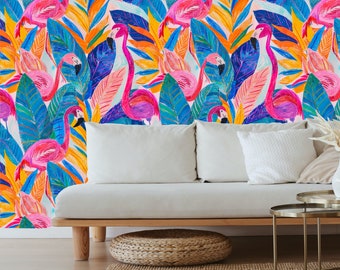 Tropical wallpaper, tropical wallpaper peel and stick, tropical wall mural, flamingo wallpaper, palm leaf wallpaper, bright floral wallpaper