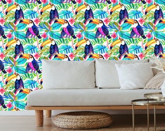 Tropical wallpaper, tropical wall mural, tropical floral wallpaper, renter friendly wallpaper, bright floral wallpaper, toucan wall art