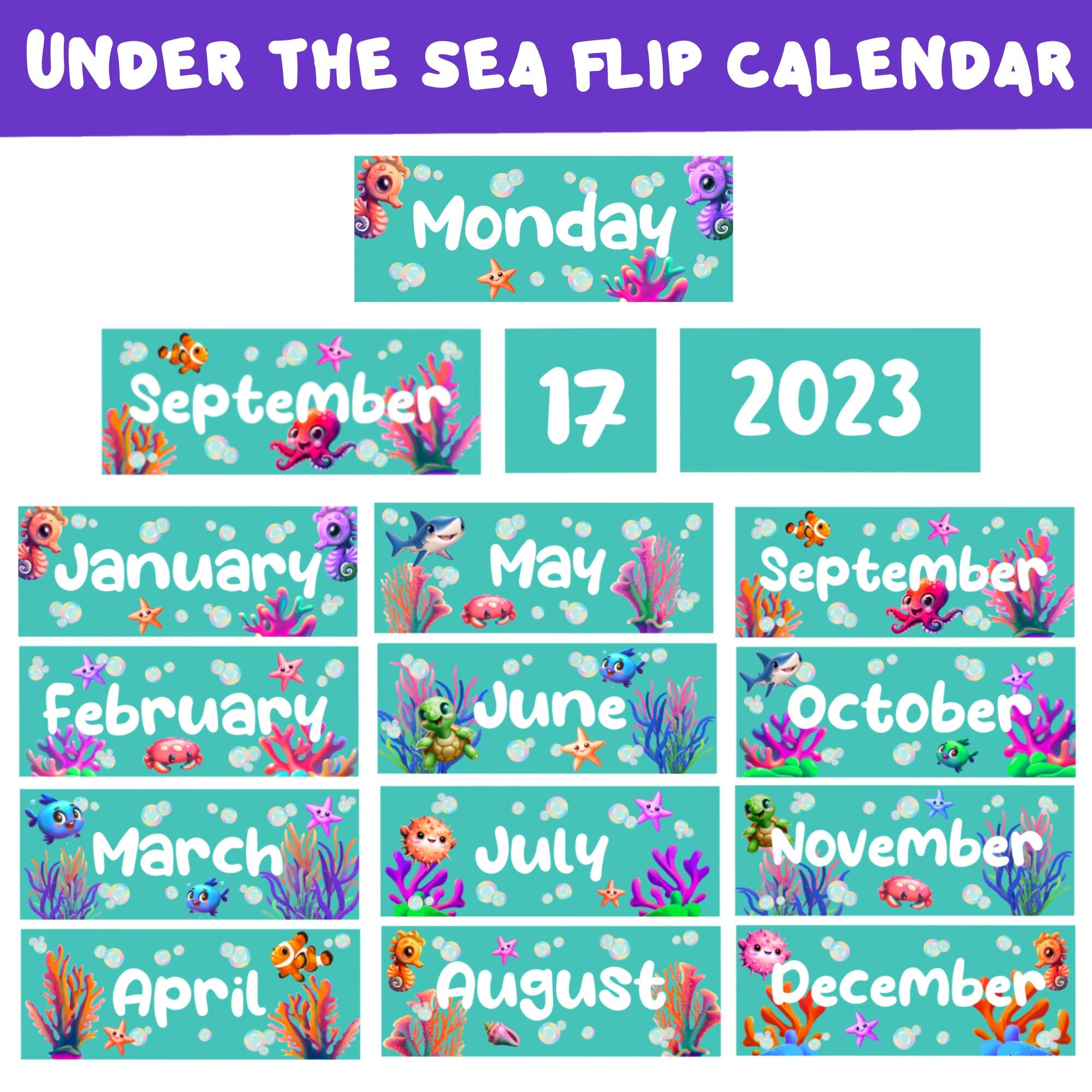 under-the-sea-classroom-theme-classroom-flip-calendar-ocean-calendar-2024-printable-calendar-for-kids-ocean-classroom-decor-fish-theme-etsy