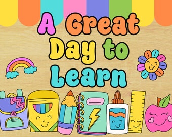 Classroom bulletin board back to school, Bright classroom theme, Retro classroom decor, New school year bulletin board, Great day to learn