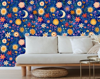 Celestial wallpaper, sun and moon wallpaper, dark blue wallpaper, floral wallpaper, night sky wallpaper, peel and stick wallpaper