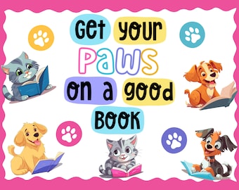 Library bulletin board for back to school, Reading bulletin board kit, Get your paws on a good book, Dog theme classroom decor, Animal theme