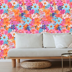 Bright floral wallpaper, Peel and stick wallpaper floral bright, Daisy wallpaper, Bright flowers wall mural 60&#39;s, Vibrant floral wallpaper