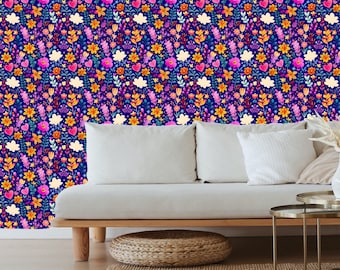 Dark purple wallpaper, purple floral wallpaper, colorful flowers wallpaper, bright floral accent wallpaper, peel and stick wallpaper