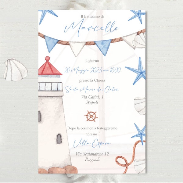 Invito digitale battesimo faro tema marino watercolor X DOWNLOAD LEGGI INFO