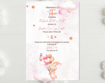 Invitation numérique au baptême de lapin avec ballons et papillons roses