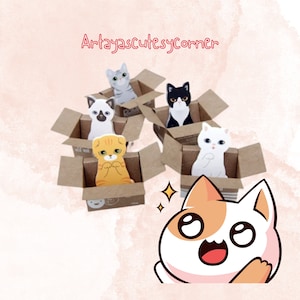 May include: A set of six adorable cat-shaped sticky notes, each in a different colour and pose, with the text "Artayascutesycorner" at the top of the image. The notes are in open cardboard boxes, and a cartoon cat with big eyes is looking at them.