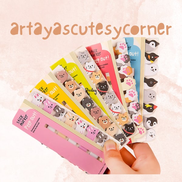 Kawaii Cute Peep Out Sticky Page Marker - Penguin & Seal - Bear - Rabbit - Dog - Llama- Cat Paw - Panda - Mini Animal Memo Pad