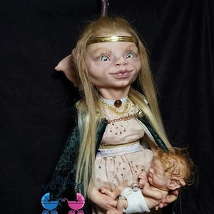Elf Doll with Baby Elf (Premsley & Posie) Artist Doll, Vinyl Doll Having Real Hair and Eyes Hand Painted in Resin Standing on Wooden Base