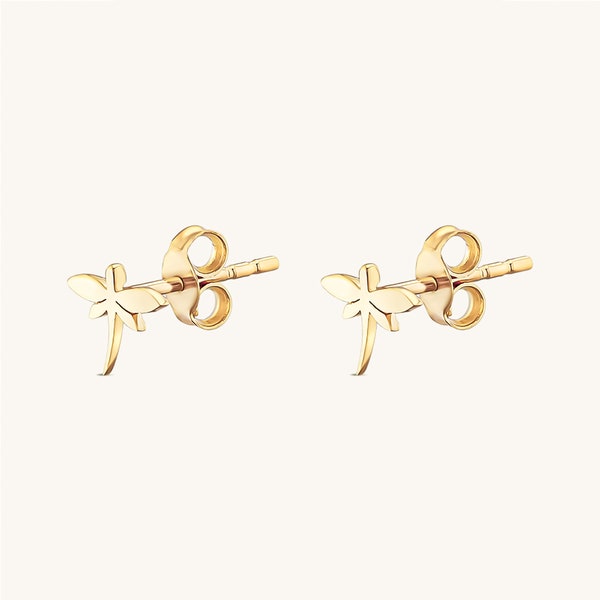 14k Solid Gold Dainty Tiny Dragonfly Charm Stud Earring- Cute Earring for own strength, happiness and courage, Dragonfly Earring jewelry