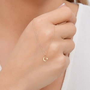 Minimalist Star and Crescent Necklace - Mini Sign of Guaranteed 14K Dainty Solid Gold Necklace, Boho Style Necklace, Daily Use Minimalist