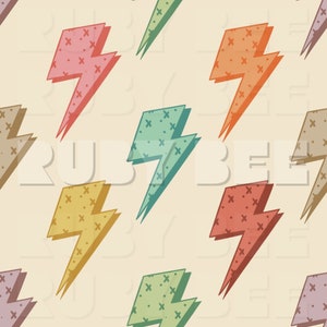 May include: A seamless pattern featuring colorful lightning bolts with a crosshatch pattern. The lightning bolts are in shades of pink, orange, yellow, green, and purple.