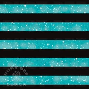 May include: A seamless pattern of alternating black and turquoise blue stripes. The turquoise stripes have a glittery, sparkly effect with white stars and dots.