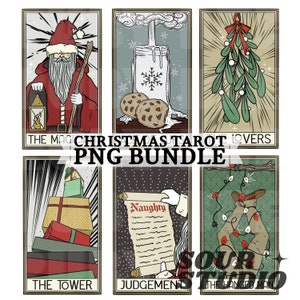 Könnte beinhalten: Ein Set mit 6 Weihnachts-Tarotkarten mit Illustrationen von Weihnachtsmann, Mistelzweig, Keksen, einem Turm aus Geschenken, einer Schriftrolle mit dem Wort "Naughty" und einer Person, die kopfüber mit Weihnachtslichtern hängt. Die Karten sind betitelt mit "The Magician", "Lovers", "The Tower", "Judgement", und "The Hanged Man".