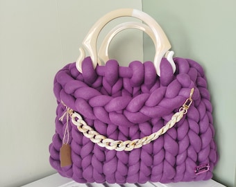 Handmade Chunky  Top-Handle Bag — Casual Hand-Knitted Handbag with Yarn Strap | Inner Liner & Satin Dust Bag Included